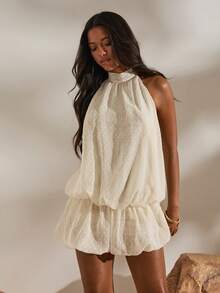 Opulessa Women's Fashion Halter Neck Mini Dress With Floral Hem Night Out,Romantic Syle,Elegant Style,Elegant Dress For Women,Bohemian Outfits, Ibiza Outfits, Western Style,Summer Holiday Outfits ,Holiday Outfits For Women,Holiday,Vacation Outfits For Women - Apricot - View 6