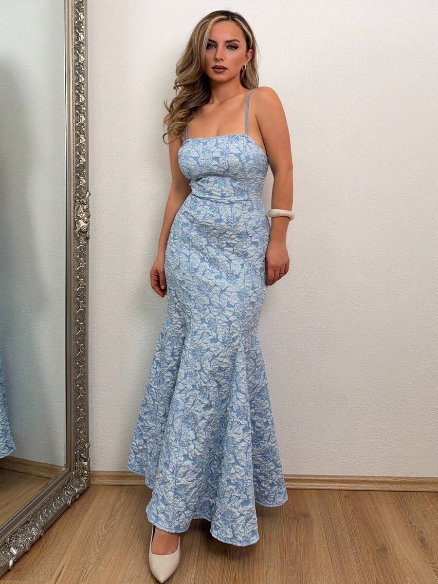 Jeta Ari 时尚无袖交叉带蓝色花卉纹理缎面派对连衣裙，适合多种场合 - 淺藍色 - 查看 1