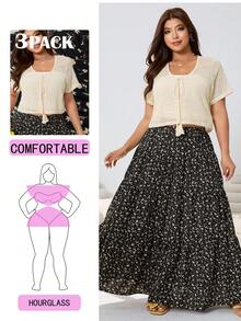 Solflare 3pcs Set:Plus Size Black And White Summer Boho Vacation Holiday Apricot Crochet Tie Top,White Knit Tube Top,Floral Layered Ruffle Midi Skirt Outfit - Multicolor - View 1