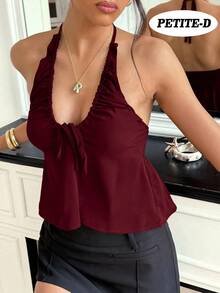 SHEIN PETITE 女士春夏新款小码酒红色露背蝴蝶结抽绳V领A字优雅性感吊带衫 - 酒紅色 - 查看 1