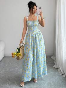 Elenzga 女士优雅无袖长款连衣裙，浅蓝色底色，饰以黄色碎花，方领设计，收腰剪裁，适合户外野餐、花园派对、城市漫步、春夏穿着。 - 彩色 - 查看 7