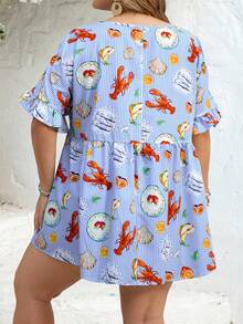 SHEIN CURVE+ 加大码 US22 音乐节、海滨度假、波西米亚风印花休闲度假衬衫 夏季/乡村/海滩度假/沙滩装、夏季上衣 - 藍色 - 查看 3