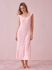 Bonmuse Women's Floral Jacquard Knit Nightgown With Ruffle Trim And Bow Decor Bountiful Floral Splendor Cozy And Elegant Detailsfor Summer - Pink - View 3
