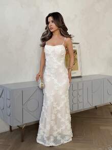 Jemour 秋冬派对圣诞性感优雅纯色针织修身开衩连衣裙 - 白色 - 查看 4