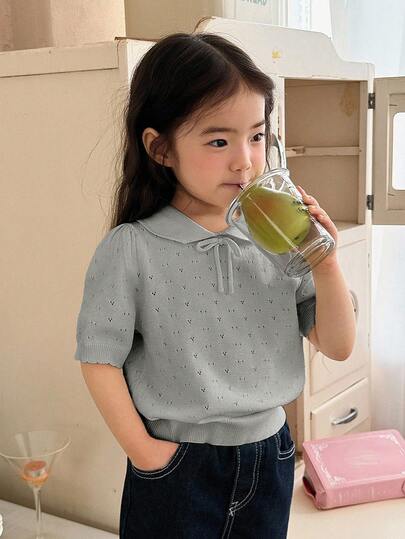 DAZY Áo thun tay ngắn cổ nơ họa tiết dành cho bé gái, kiểu Hàn Quốc, thời trang mùa hè.