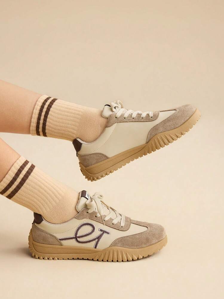 CUCCOO EASI Contrast Color Solid Preppy Casual Gym Sneakers For Women, Lace-Up Brown Patchwork Flat Retro Casual Outdoor Sports Running Shoes