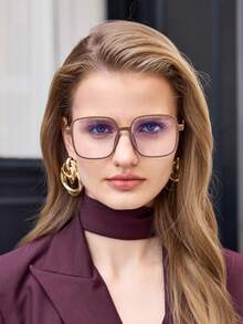 Visivana 1pc Unisex Square Simple Everyday Versatile TR Semi-Metal Clear Lens Glasses Modern Elegant Fashion Accessories - Brown - View 2