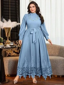 Modelyn Plus Size Solid Color Long Sleeve Chiffon Double Ruffle Hem Elegant Romantic Dress For Women - Dusty Blue - View 6