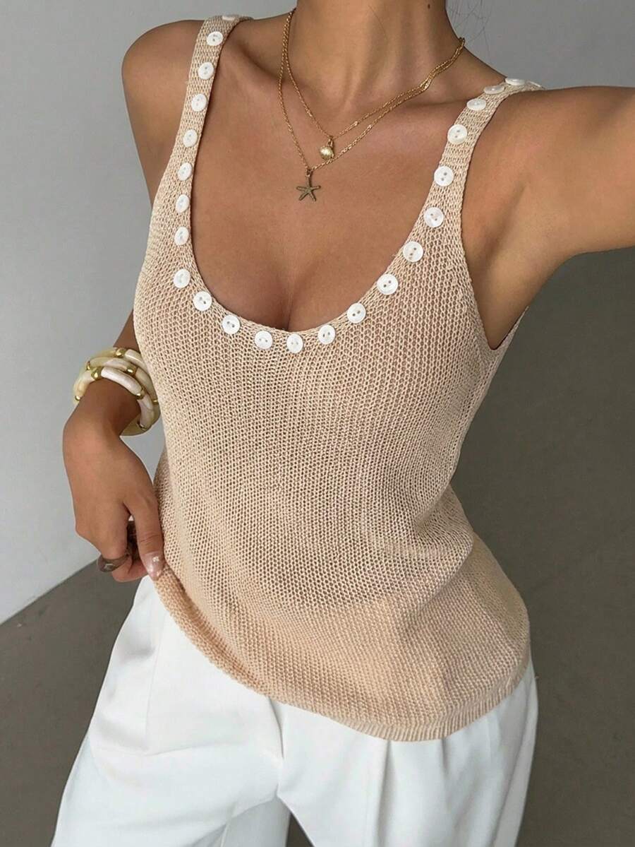 Selianne Áo len nữ không tay cổ chữ V hở lưng kiểu dáng thường ngày, trang trí cúc vỏ sò, màu mơ, thích hợp cho mùa xuân/hè. - Màu be - Xem 1