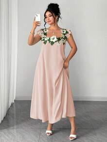 Elenzga 大码女士优雅方领长裙，花卉蕾丝拼接优雅绿色长款连衣裙，双层复古针织连衣裙，A字收腰修身梭织连衣裙，适合毕业典礼、节日、情人节、音乐节、母亲节、万圣节、感恩节、复活节、国庆节、晚会、约会、派对、婚礼、郊游等场合。女士正装，大码连衣裙，女士长款休闲连衣裙，新款连衣裙，女士休闲连衣裙，女士粉色碎花连衣裙，女士花卉图案连衣裙。 - 粉色 - 查看 4