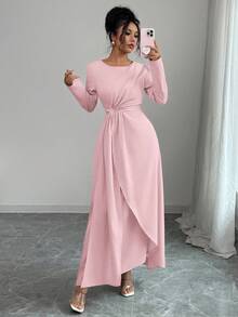 Elenzga Women's Elegant Solid Color Pleated Waist Long Sleeve Dress - Dusty Pink - View 4