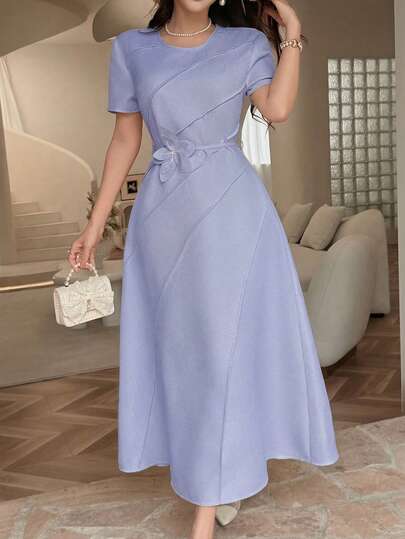 Feyla Đầm ngắn tay cổ tròn thanh lịch dành cho nữ, chất liệu có họa tiết, thích hợp cho mùa hè.