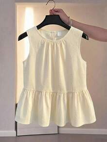 SHEIN Kids Summer Spring Squishy Summer Tops Teen Girls Blue Sleeveless Bow Collar Blouse, Casual Preppy Style Shirt Tween Girl Butter Yellow Tank Top Girls Peplum Top Girls Pastel Yellow Tops - Blue - View 3