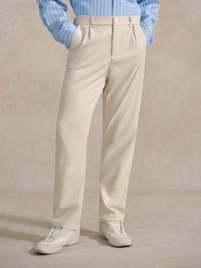 Courvante Pantalones casuales de negocios de unicolor con botones y bolsillos en ángulo para hombres, pantalones chinos, pantalones color crema, pantalones para hombres, pantalones caqui, Tenniscore