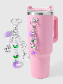 ROMWE Kawaii 1款全新创意可爱休闲甜美学院风紫色系列不对称天然石水钻爱心抱熊仿水晶星星爱心花桃子DIY钥匙扣包包挂件水杯挂件手机壳挂件，固定粘贴爱心饰品，适合女孩女士日常佩戴，节日礼物 - 紫色-20 - 查看 4