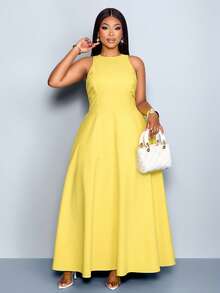 SOLERSUN 大码女装时尚纯色无袖圆领宽松休闲褶皱A字长裙，轻盈奢华，简约显瘦，百搭实用，适合春夏日常通勤和海滩度假，清爽休闲，适合圣帕特里克节、复活节、音乐节、派对、约会、婚礼季、四叶草、街头风、海滩度假、野餐、西式风、波西米亚风、高贵优雅、现代时尚等各种场合。 - 黃色 - 查看 6