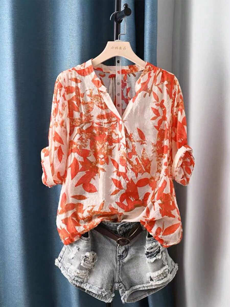 INAWLY Áo sơ mi nữ cổ chữ V in hoa, tay xắn, kiểu dáng thường ngày, thích hợp cho kỳ nghỉ. - trái cam - Xem 1