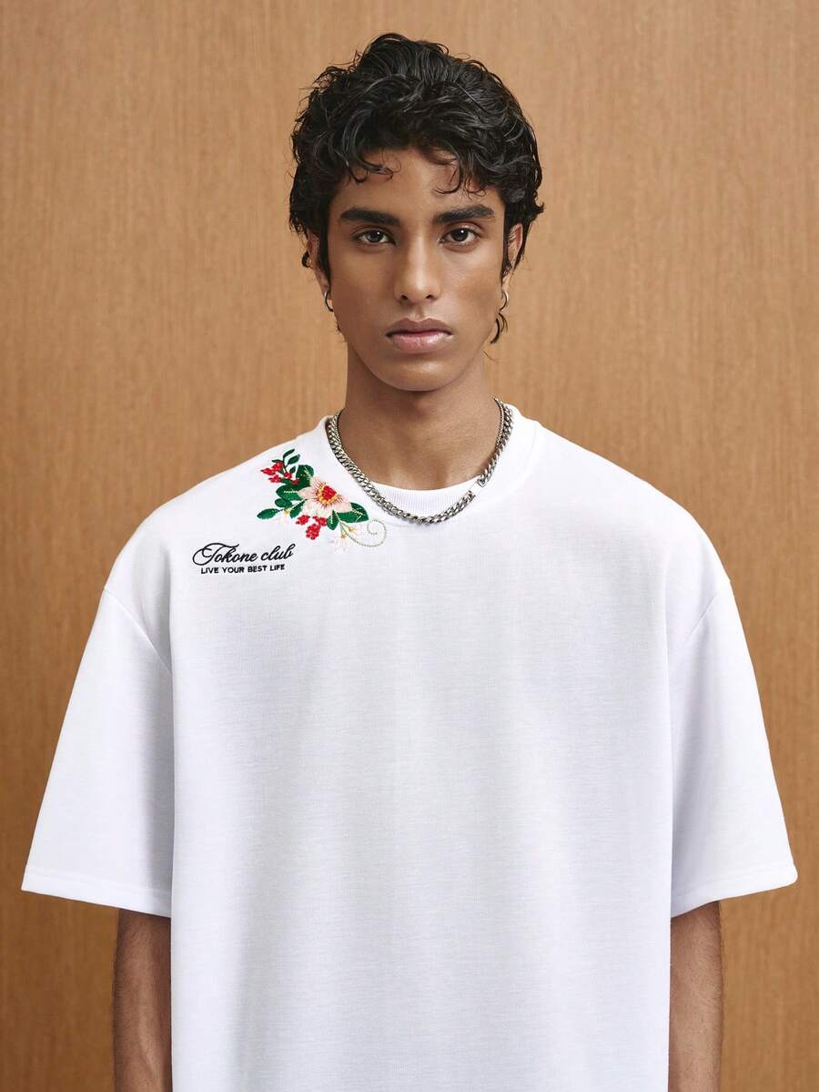 TOKVUE Men's Casual, Fashion, Vacation Short Sleeve T-Shirt, Round Neck Tee, Knit Top, Minimalist Blank, French Countryside, Romantic, Literary, 3D Embroidery, Minimalist, French, Literary, Clean-Fit Style, Low-Key, Practical, Daily, Commute, Vacation, Business Trip, Theme Event, Holiday Gift, Boyfriend Gift - White - View 1