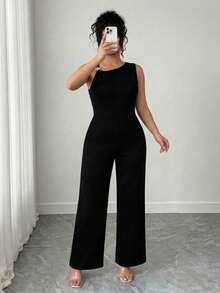 Elenzga Plus Size Solid Color Metal Decor Asymmetric Neckline Sleeveless Jumpsuit - Black - View 5