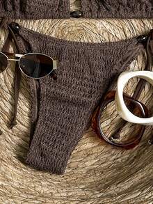 Swim Vcay 女士两件式纹理面料串珠吊带系带裤休闲派对沙滩比基尼套装 - 咖啡棕 - 查看 4