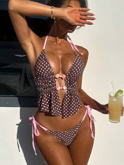 Bellisia Women's Polka Dot Print Beaded Decor Halter Neck Tankini Top And Knotted Triangle Bottoms 2-Piece Swimsuit Set