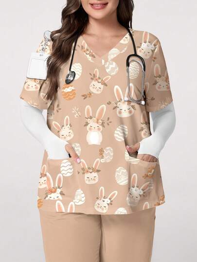 PopScrub Cute Rabbit With Flower Wreath, Striped Egg Cartoon Print V-Neck Short Sleeve Pocket Ear Design Plus Size Scrub Top, Suitable For Spring/Summer Nurse/Healthcare Uniform, Ideal For Easter & Daily Wear