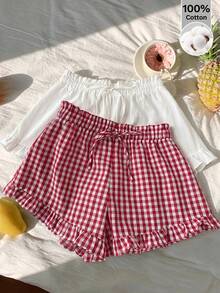 SHEIN EZwear 2 chiếc quần short nữ kẻ caro và màu trơn, thắt eo, xếp ly, kiểu dáng ngọt ngào dễ thương. - Nhiều màu - Xem 7