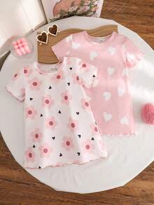 2 Stücke Baby Mädchen Kurzarm Herz & Blumen Allover Muster Lässig Cartoon Süß Rüschen Saum Locker Nachthemd/Loungewear, Sommer - Verschiedenfarbig - Übersicht 5