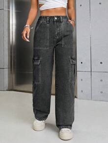 SHEIN ICON 女士纯色简约日常牛仔裤 - 黑色 - 查看 6
