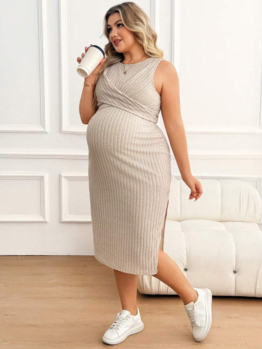 Plussiva Đầm ôm dáng không tay, xẻ tà bên hông, màu trơn, dành cho phụ nữ mang thai cỡ lớn, thích hợp cho mùa hè. - Màu be - Xem 1
