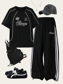 SHEIN 2件套青少年男童休闲字母印花圆领T恤和运动裤套装 - 黑色 - 查看 1