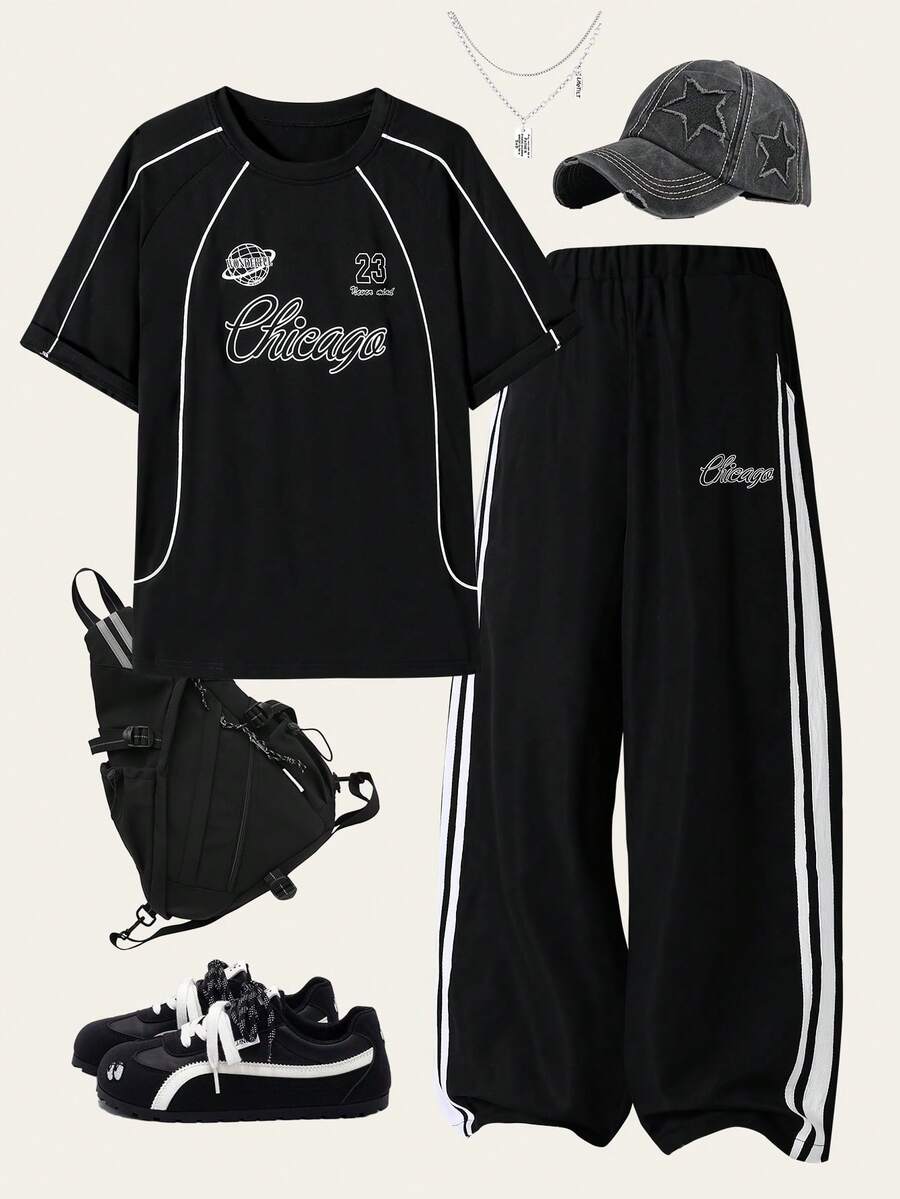 SHEIN 2件套青少年男童休闲字母印花圆领T恤和运动裤套装 - 黑色 - 查看 1