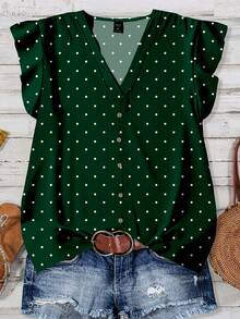 EMERY ROSE Plus Size Casual Minimalist Polka Dot Print Ruffle Hem Shirt, Suitable For Summer - Dark Green - View 1
