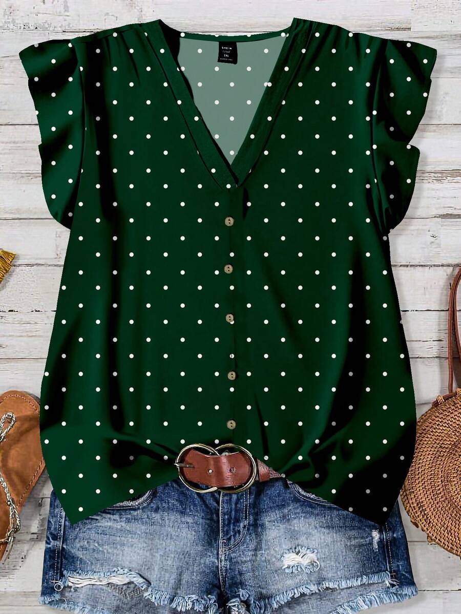 EMERY ROSE Plus Size Casual Minimalist Polka Dot Print Ruffle Hem Shirt, Suitable For Summer - Dark Green - View 1