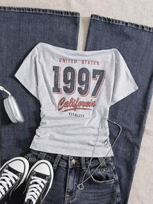 SHEIN 女童休闲复古1997数字及复古英文字母图案露肩短袖T恤，适合夏季返校及日常穿着 - 淺灰色 - 查看 1