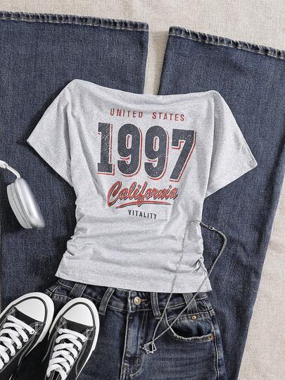 女童休闲复古1997数字及复古英文字母图案露肩短袖T恤，适合夏季返校及日常穿着