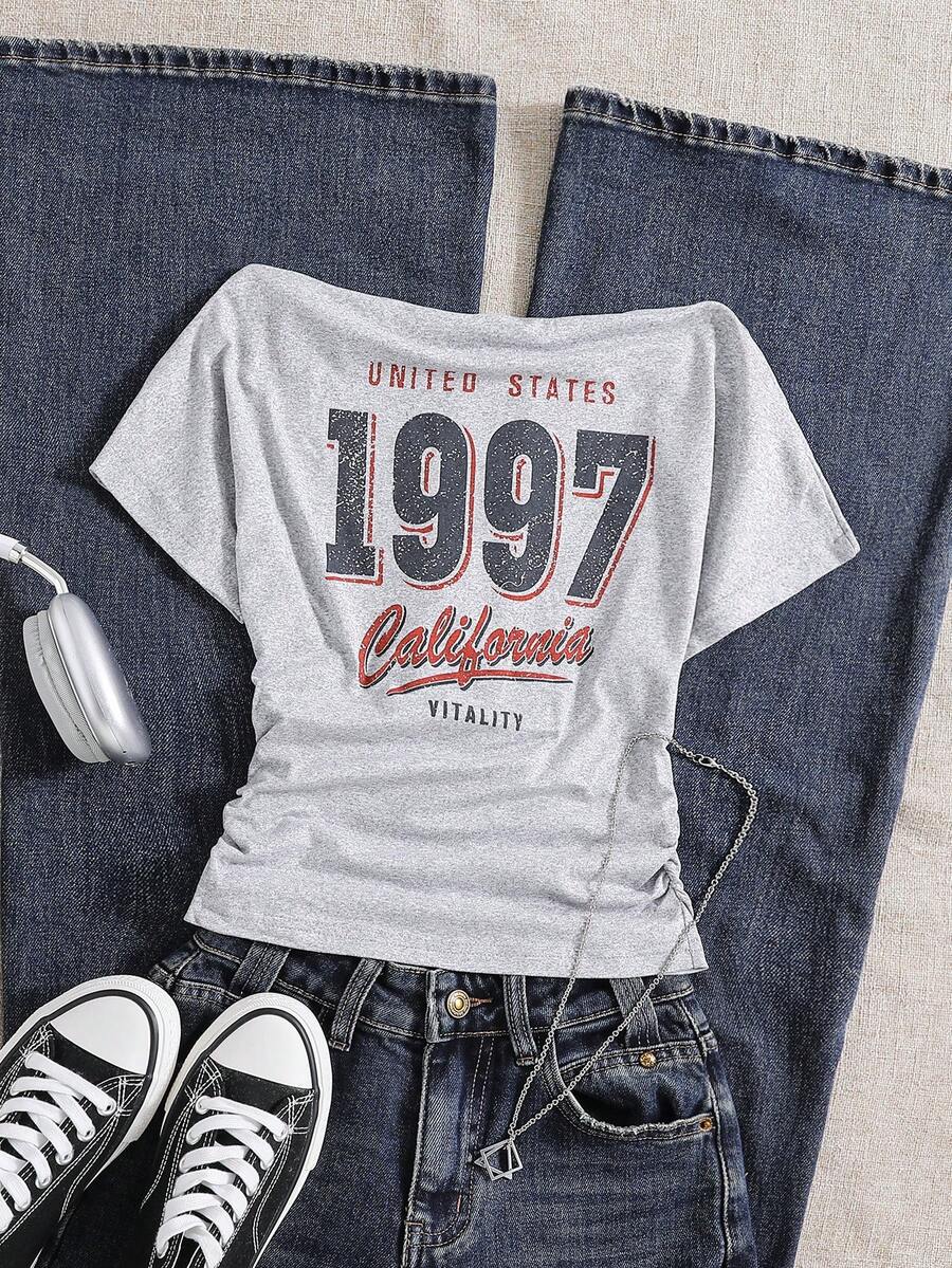 SHEIN 女童休闲复古1997数字及复古英文字母图案露肩短袖T恤，适合夏季返校及日常穿着 - 淺灰色 - 查看 1