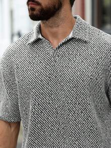 Manfinity Homme 黑色和米色条纹加大码男士休闲Polo衫 - 灰色 - 查看 3