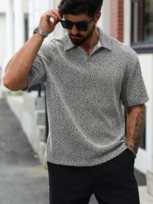 Manfinity Homme 黑色和米色条纹加大码男士休闲Polo衫 - 灰色 - 查看 4