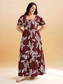 Momelise Große Größen Damen bedrucktes Gewebe Quadratausschnitt Kurzarm A-Linie locker Casual Urlaub Alltag modisch bequem elegantes Kleid, geeignet für Frühling und Sommer - Verschiedenfarbig - Übersicht 5