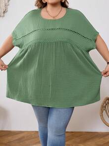 SHEIN CURVE+ 加大码 US22 音乐节、海滨度假、波西米亚风休闲纯色蝙蝠袖衬衫 夏季/乡村/海滩度假/沙滩装、夏季上衣 - 綠色 - 查看 4