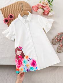 SHEIN Young Girl Woven White Shirt Dress,Summer Fairy Matching Family Vacation Cute Girl Pattern Casual Cotton Blouses For Kids,Solid Color Short Sleeve - White - View 1
