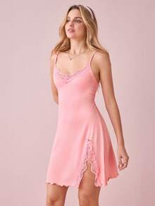 Bonmuse Women's Pink Lace Trim Slit Camisole Nightgown - Pink - View 6