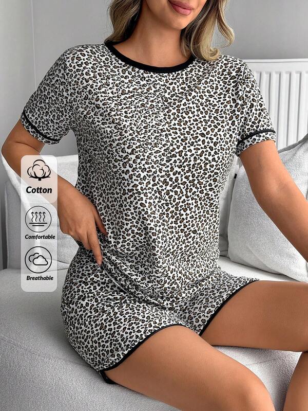 SHEIN Conjunto de loungewear casual de 2 peças com estampa de leopardo sexy e detalhes em viés contrastante