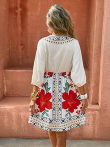 Selianne Women's White Floral Summer Boho Holiday Vacation Holiday Elegant V-Neck Mid-Sleeve Cinched Waist A-Line Hem Retro Floral Dress - Multicolor - View 2