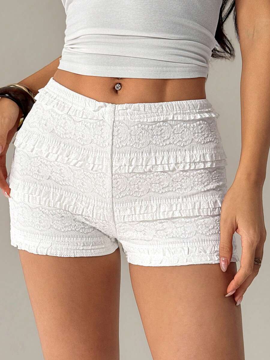 SHEIN PETITE Damen gestreifte Shorts mit elastischem Bund, süße weiße Sommer-Strandoutfits, lässige Urlaubshosen Essentials für Frauen, zierliche Frauen - Weiss - Übersicht 1