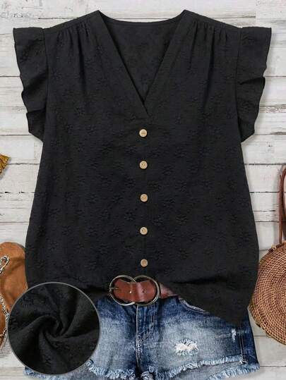 EMERY ROSE Casual minimalistische zwarte blouse met bloemenprint en ruches, V-hals en korte mouwen, geschikt voor dames met een maatje meer, ideaal voor de zomer of vakantie.