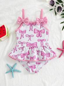 SHEIN 女童连体泳衣，蝴蝶结花卉印花，休闲假日款 - 彩色 - 查看 4