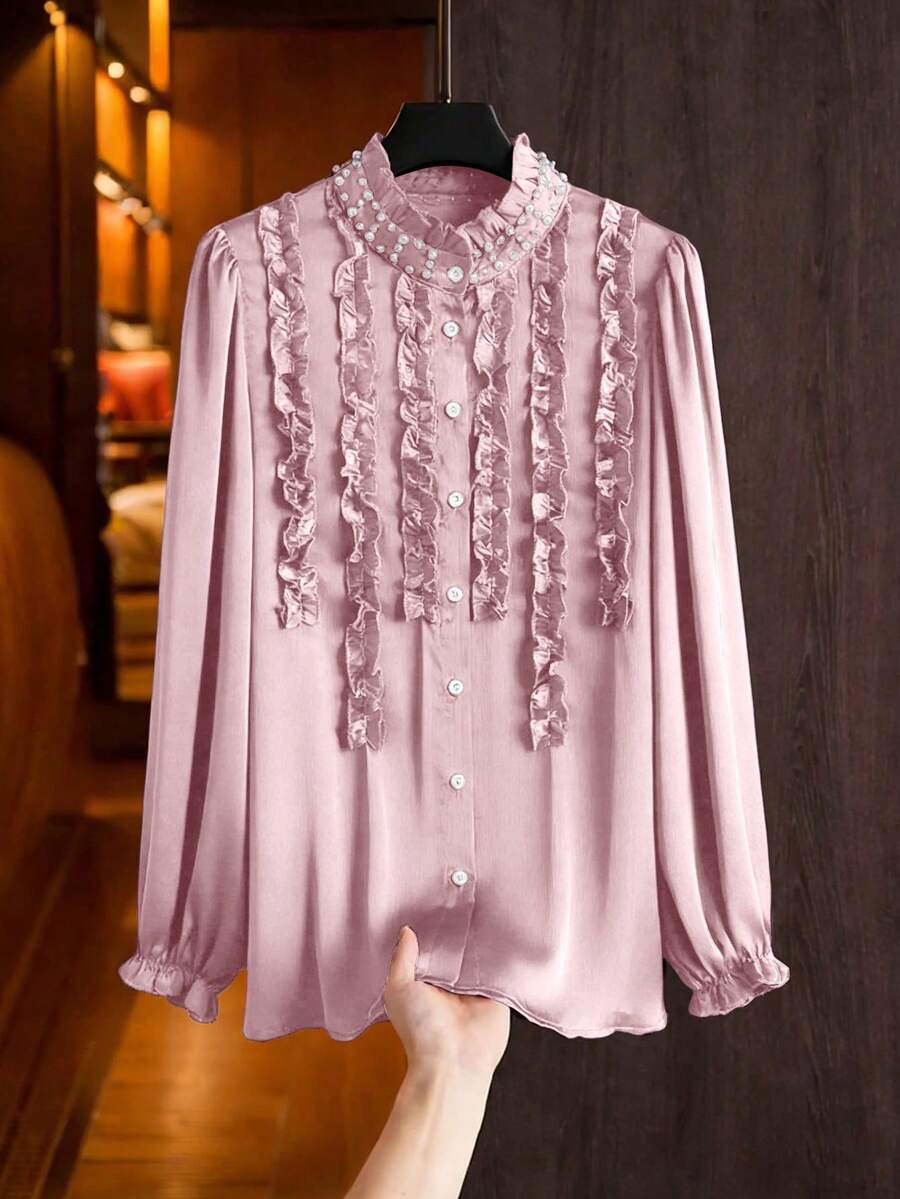 Modelyn Blusa elegante de talla grande de manga larga, cuello alto y ajustada con volantes de unicolor, para primavera/otoño - Rosa Pálido - Ver 1