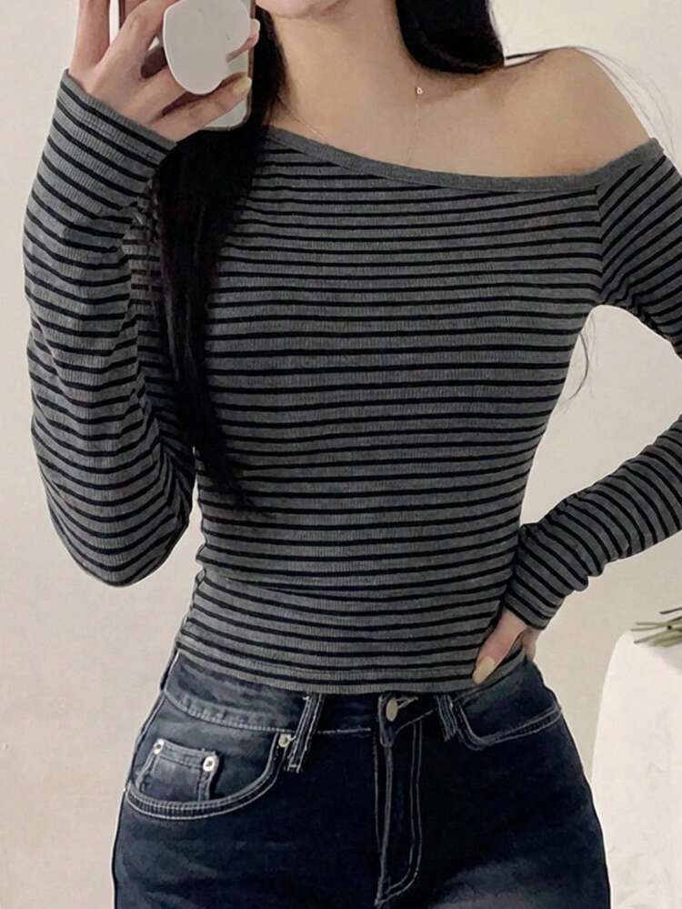 Sexy Asymmetric Single Shoulder Vintage Striped Slim Fit Long Sleeve T-Shirt, Women's Undershirt